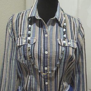 Liz Claiborne - Long Sleeve Seersucker Multi Colored Striped Shirt ** ECU **